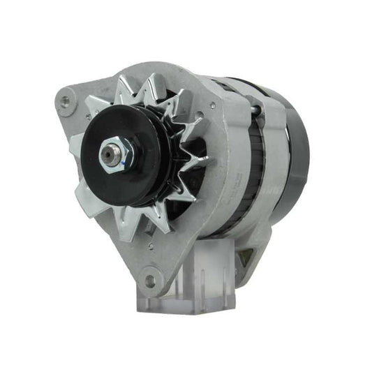 A Ford 34A alternator with a pulley, mounting holes, and a metallic body on a white background