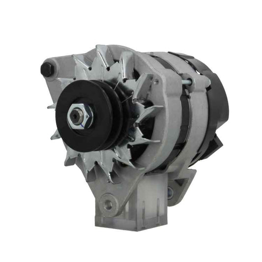 A Ford 45A alternator with a pulley, mounting holes, and a black and gray color scheme.