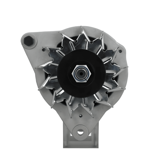 front view of A Ford 45A alternator with a pulley, mounting holes, and a black and gray color scheme. on a white background