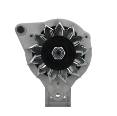 front view of A Ford 45A alternator with a pulley, mounting holes, and a black and gray color scheme. on a white background