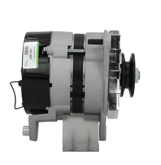 side view of A Ford 45A alternator with a pulley, mounting holes, and a black and gray color scheme. on a white background