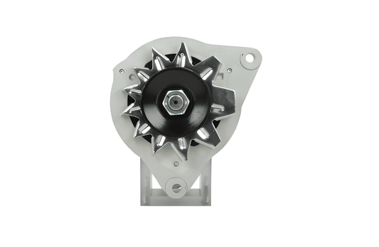 front view of A Ford 12V 35A alternator with a metal body, free wheel pulley, and mounting holes. also fits land rover cars