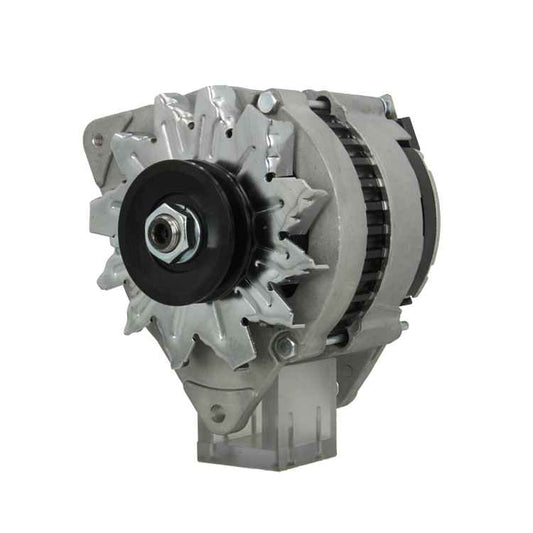 A 12V Ford 70A alternator with a pulley, mounting holes, and a gray body. Fits, Massey Ferguson, Ford, Land Rover and mazda vehicles