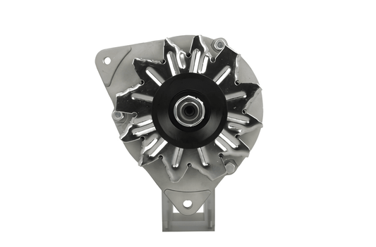front view of A 12V Ford 70A alternator with a pulley, mounting holes, and a gray body. Fits, Massey Ferguson, Ford, Land Rover and mazda vehicles