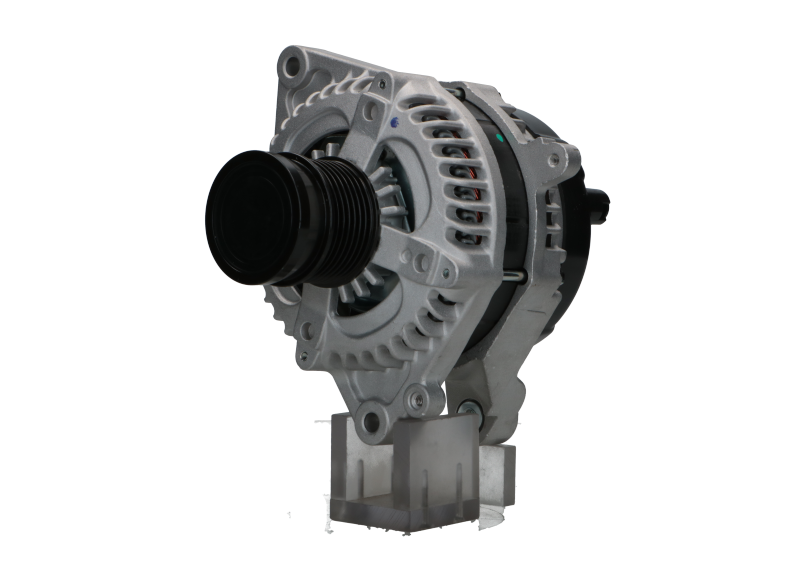 A new 12V, 130A aftermarket alternator for honda civic with a metal body, black in color, with visible mounting points and a pulley.