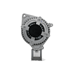 front view of A new 12V, 130A aftermarket alternator for honda civic with a metal body, black in color, with visible mounting points and a pulley.