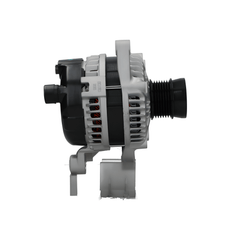 side view of A new 12V, 130A aftermarket alternator for honda civic with a metal body, black in color, with visible mounting points and a pulley.