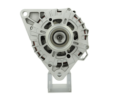 front view of A new 12V aftermarket alternator 130Amps for Hyundai / Kia vehicles, featuring a metal body with a pulley and mounting points visible.