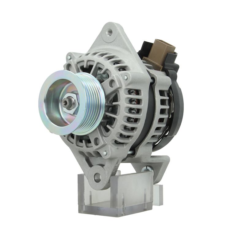 A new Isuzu 12V, 80A alternator with a metal body, plastic components, and electrical connectors. fits isuzu D Max
