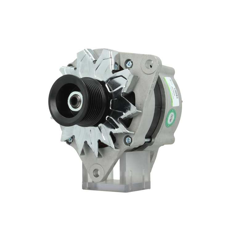 A new 12V 120 amp Iveco alternator, showing the front view with a pulley and mounting holes visible.