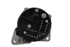 rear view of A gray Alternator 12V Fits JCB 95A alternator for a vehicle, with mounting holes and a pulley visible.