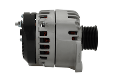 side view of A gray Alternator 12V Fits JCB 95A alternator for a vehicle, with mounting holes and a pulley visible.