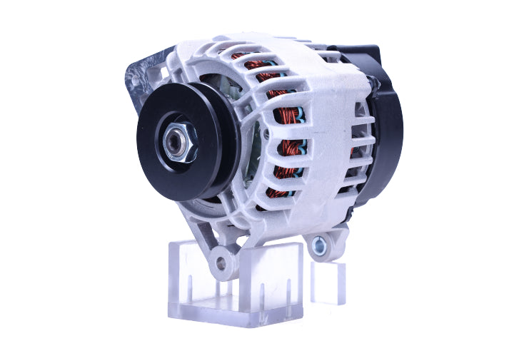 A new aftermarket Perkins 85A alternator, showing the front view with mounting holes and electrical connectors.