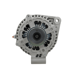 front view of A new aftermarket alternator with a metal body, free wheel pulley, and multiple mounting holes. on a white background