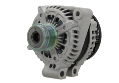 A new aftermarket alternator with a metal body, free wheel pulley, and multiple mounting holes.