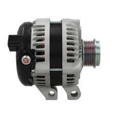 side view of A new aftermarket alternator with a metal body, free wheel pulley, and multiple mounting holes. on a white background