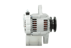 side view of A new Yanmar 40A alternator 12V, showcasing a metallic body with wiring and a pulley.