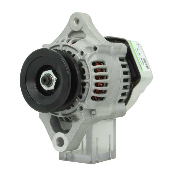 A new 12V Kubota 40A alternator, showcasing a metallic body with a pulley and terminal connections.