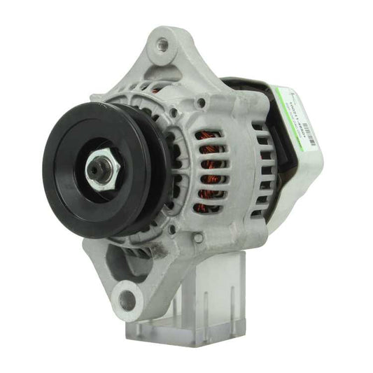 A new 12V Kubota 40A alternator, showcasing a metallic body with a pulley and terminal connections.