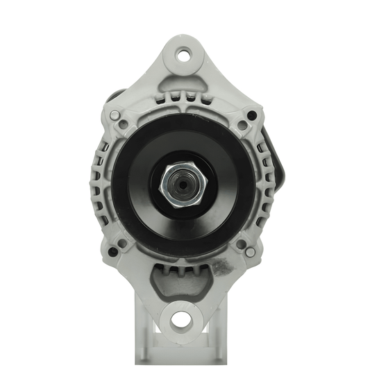 front view of A new 12V Kubota 40A alternator, showcasing a metallic body with a pulley and terminal connections.