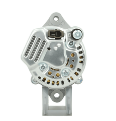 rear view of A new 12V Kubota 40A alternator, showcasing a metallic body with a pulley and terminal connections.