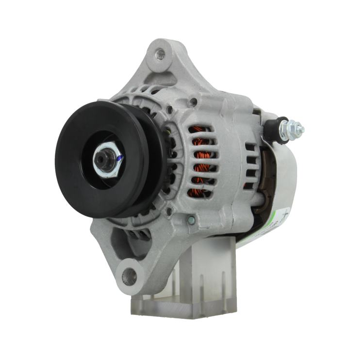 A new Kubota 40A alternator, showcasing a metallic body with a pulley and connection ports.