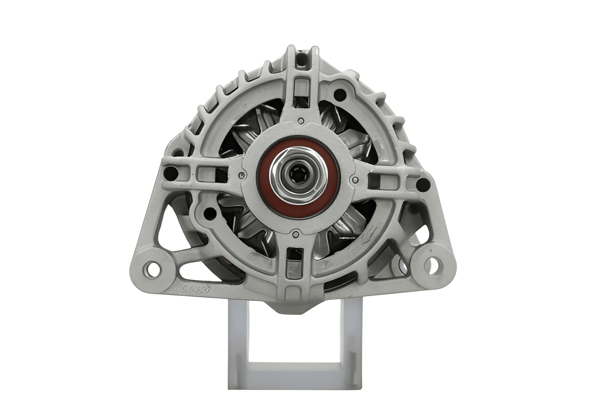 front view of A new aftermarket Perkins 12V 65 Amps alternator, featuring a metal body with wiring and a gray color.