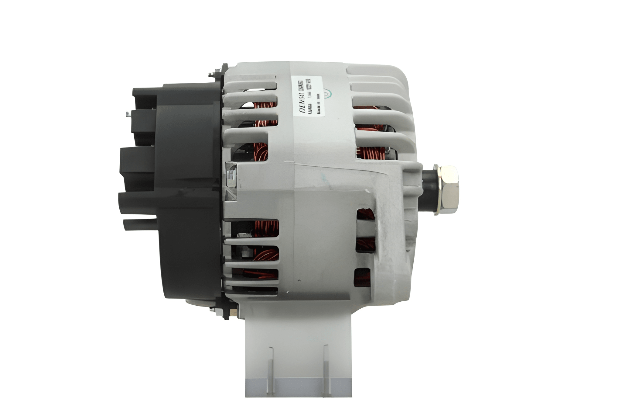 side profile view of A new aftermarket Perkins 12V 65 Amps alternator, featuring a metal body with wiring and a gray color.