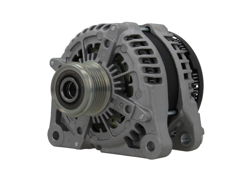 A new aftermarket alternator for Land Rover vehicles, featuring a metal body with fin design for cooling, a pulley, and mounting holes.