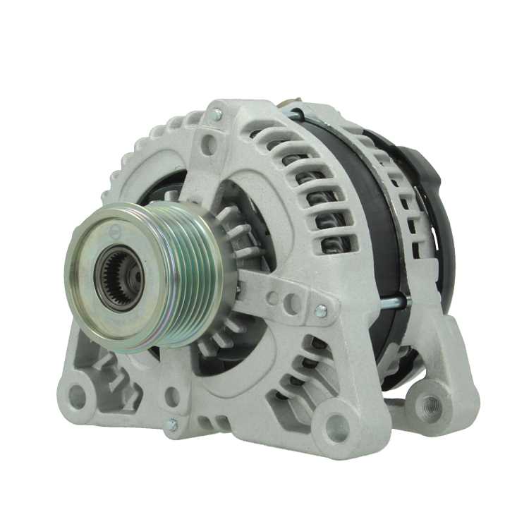 A new aftermarket alternator for Ford vehicles, with a metal body and a free wheel pulley.
