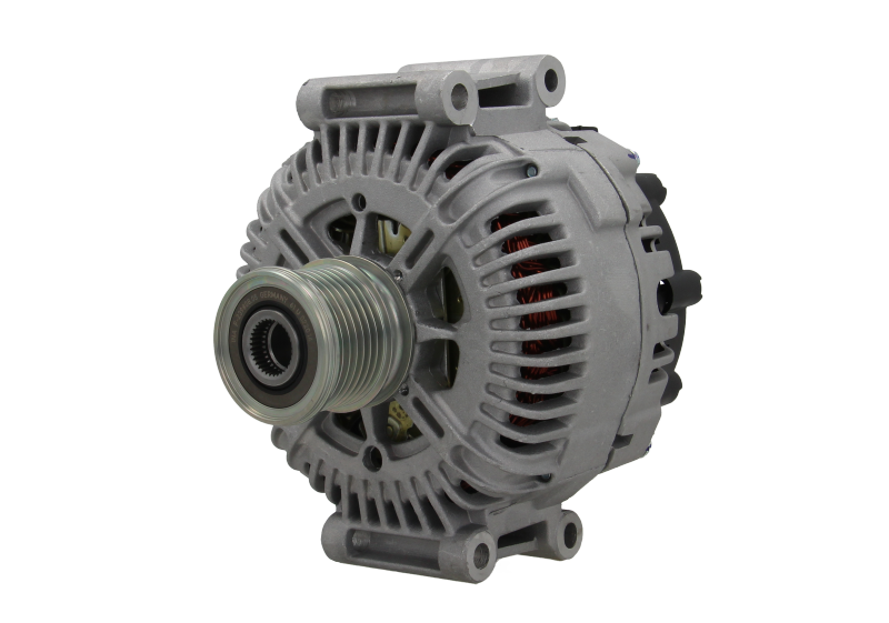 A new 180Amp, v12 aftermarket alternator with a metal body, a pulley, and connectors for a vehicle's electrical system. fits mercedes, chrysler and jeep vehicles