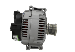 side view of A new 180Amp, v12 aftermarket alternator with a metal body, a pulley, and connectors for a vehicle's electrical system. fits mercedes, chrysler and jeep vehicles