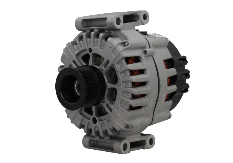 A new aftermarket alternator for Mercedes vehicles, featuring a metal body with a gray and black color scheme, multiple mounting holes, and a free wheel pulley.
