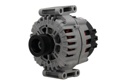A new aftermarket alternator for Mercedes vehicles, featuring a metal body with a gray and black color scheme, multiple mounting holes, and a free wheel pulley.