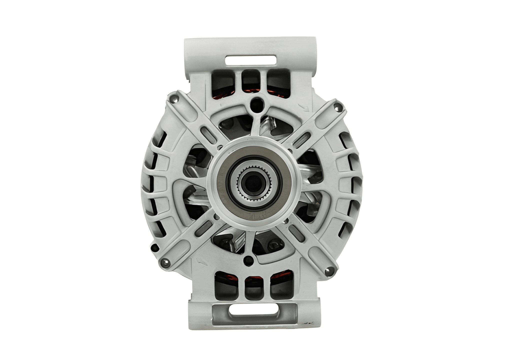 front view of A silver 12V, 120amp alternator with a 49.3 mm pulley and 6 grooves, designed for Mini, renault and citroen vehicles.