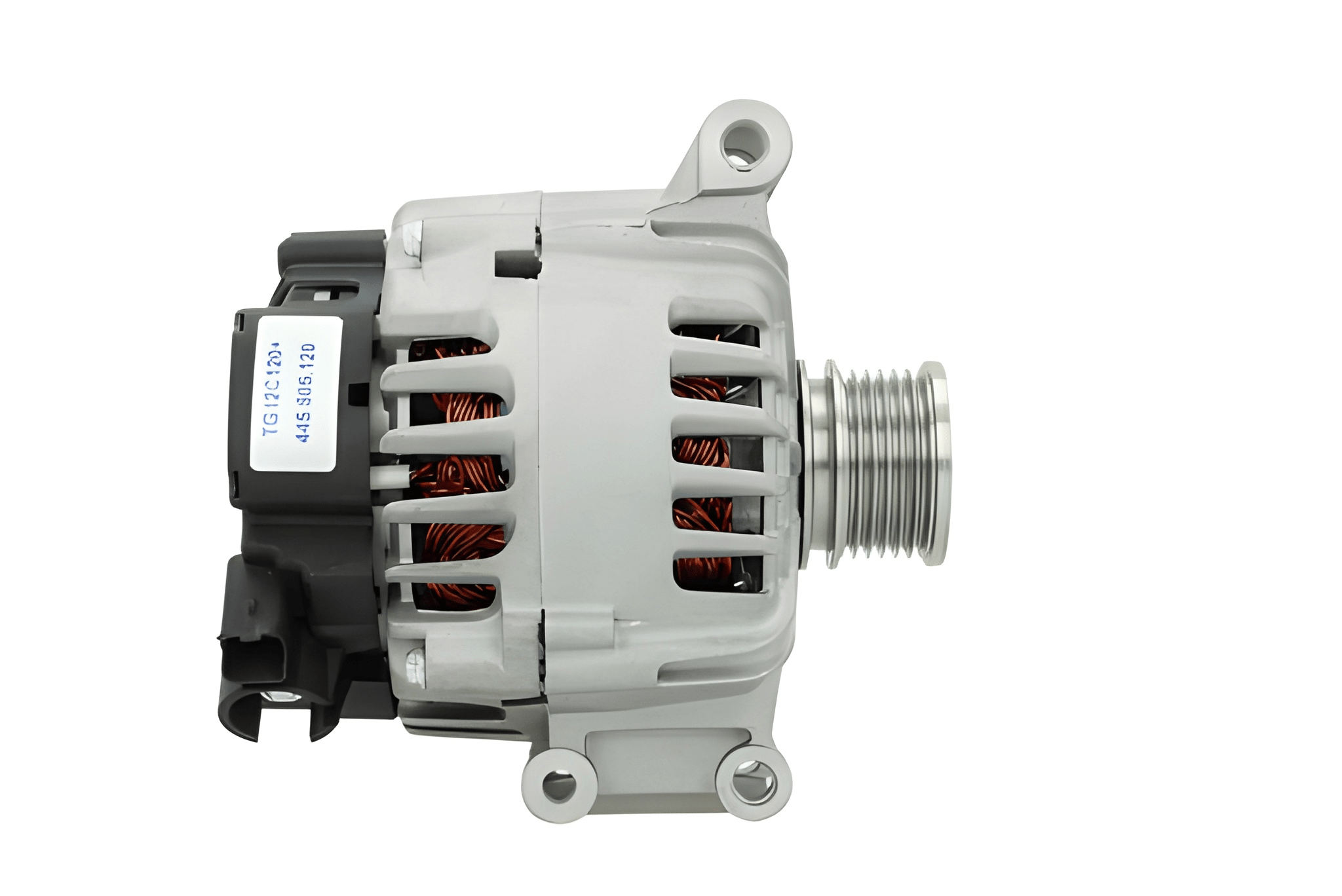 side profile view of A silver 12V, 120amp alternator with a 49.3 mm pulley and 6 grooves, designed for Mini, renault and citroen vehicles.