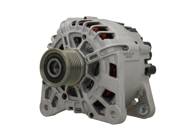 A silver 12V alternator for Nissan, Renault, Lada, Vauxhall and opel vehicles, 150A, showing the front view with mounting holes and a pulley.