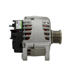 A silver 12V alternator for Nissan, Renault, Lada, Vauxhall and opel vehicles, 150A, showing the side view with barcode label holes and a pulley.