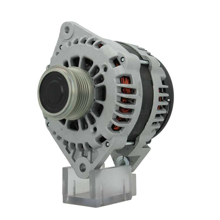 A new aftermarket alternator for Opel vehicles, featuring a metal body with a gray and silver color scheme, standard design for automotive alternators.