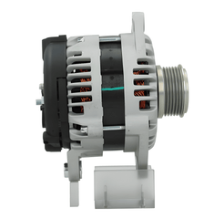 A new aftermarket alternator for Opel vehicles, featuring a metal body with a gray and silver color scheme, standard design for automotive alternators.