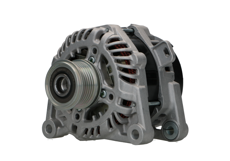 A new 12V aftermarket alternator for Peugeot, Citroën, Opel and vauxhall vehicles, featuring a metallic structure with a pulley and terminal connections. 180A