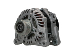 A new 12V aftermarket alternator for Peugeot, Citroën, Opel and vauxhall vehicles, featuring a metallic structure with a pulley and terminal connections. 180A