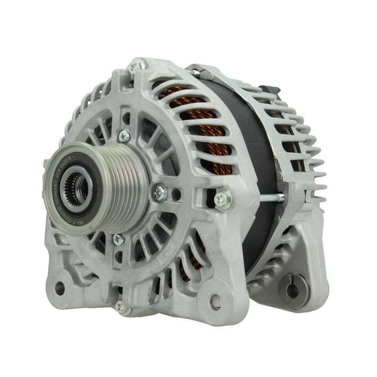 A new 12V 185A aftermarket alternator for Renault, fiat, vauxhall, opel and nissan vehicles, with metal body and free wheel pulley.