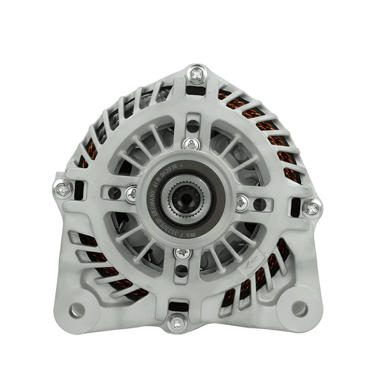 front view of A new 12V 185A aftermarket alternator for Renault, fiat, vauxhall, opel and nissan vehicles, with metal body and free wheel pulley.
