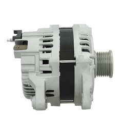 side view of A new 12V 185A aftermarket alternator for Renault, fiat, vauxhall, opel and nissan vehicles, with metal body and free wheel pulley.