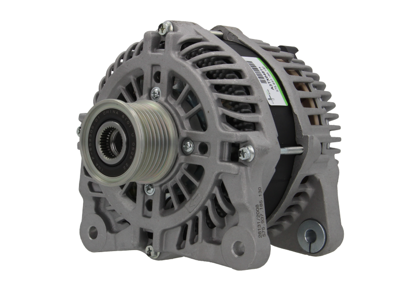 A new aftermarket alternator with a metal body, free wheel pulley, and multiple mounting holes.