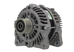 A new aftermarket alternator with a metal body, free wheel pulley, and multiple mounting holes.