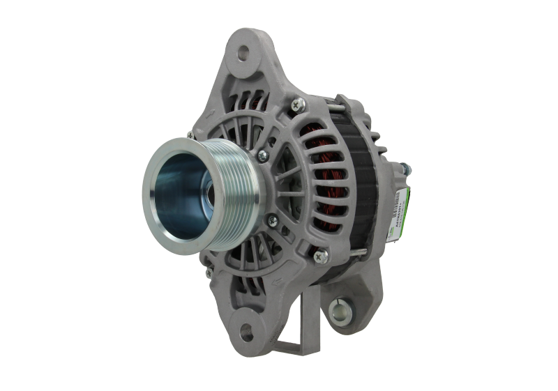 A new 24V 130 amps aftermarket alternator with a gray body, metal pulley, and plastic components.