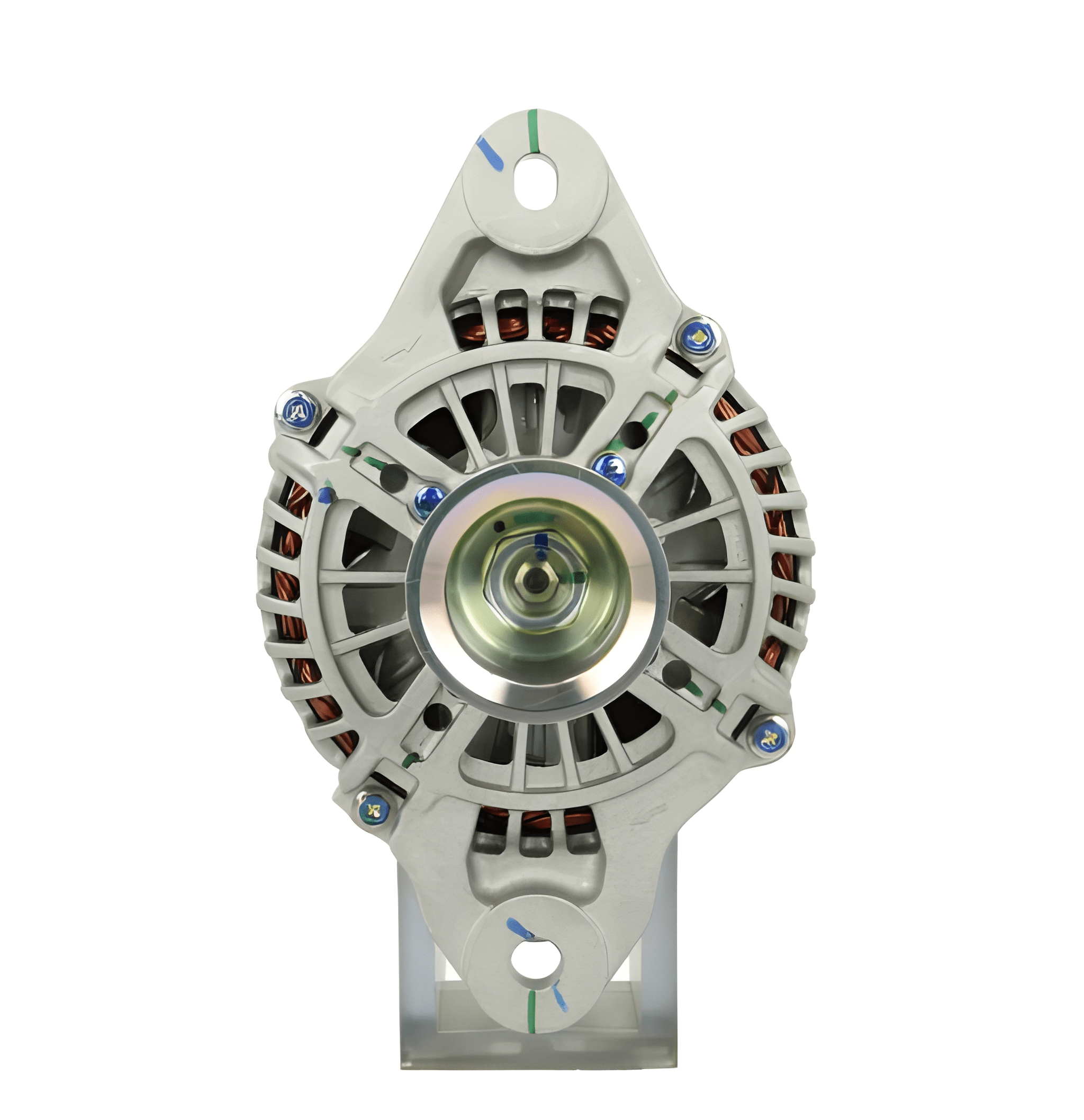 front view of a new 130 amps aftermarket alternator 24V with a metal body, electrical connectors, and a pulley for a vehicle. on a white background