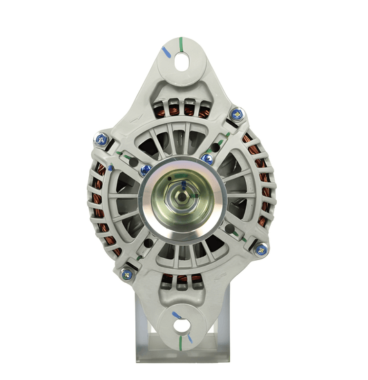 front view of a new 130 amps aftermarket alternator 24V with a metal body, electrical connectors, and a pulley for a vehicle. on a white background